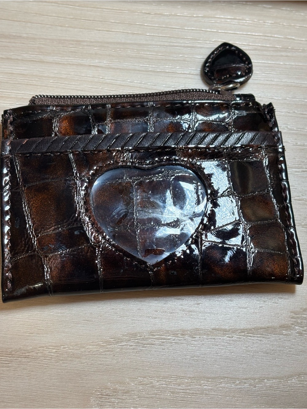 Brighton Brown Croc Embossed Patent Leather Coin Purse Heart Zip Pouch 4x2 3/4